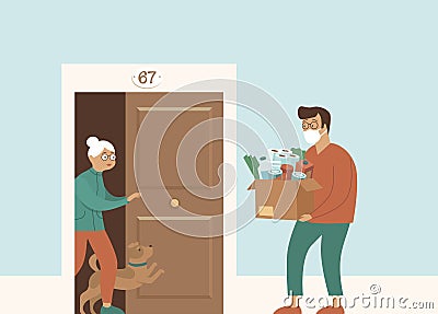 Groceries and Food Delivery for Elderly People Vector Illustration